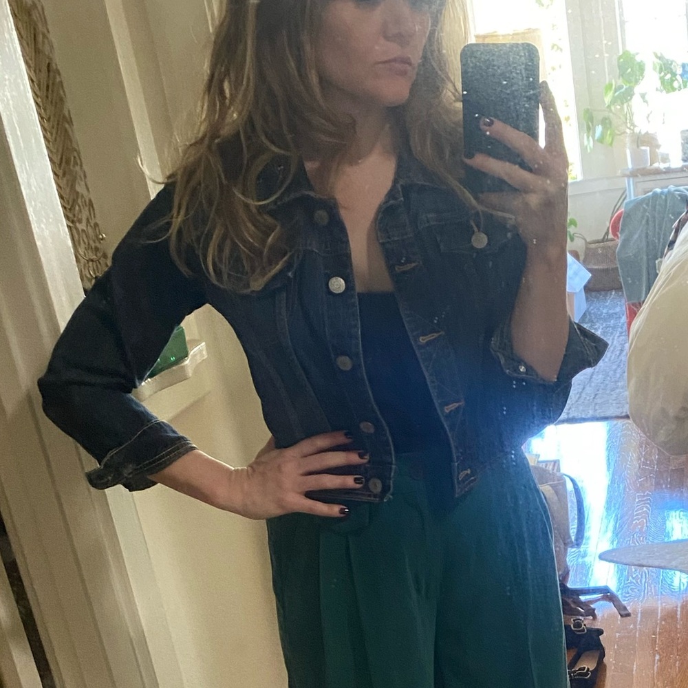 Cropped stretch dark Blue Denim Jacket